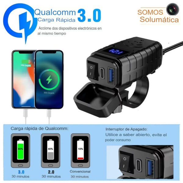Cargador de Moto Tipo C y USB - 48W QC3 - Acoplable De Timon