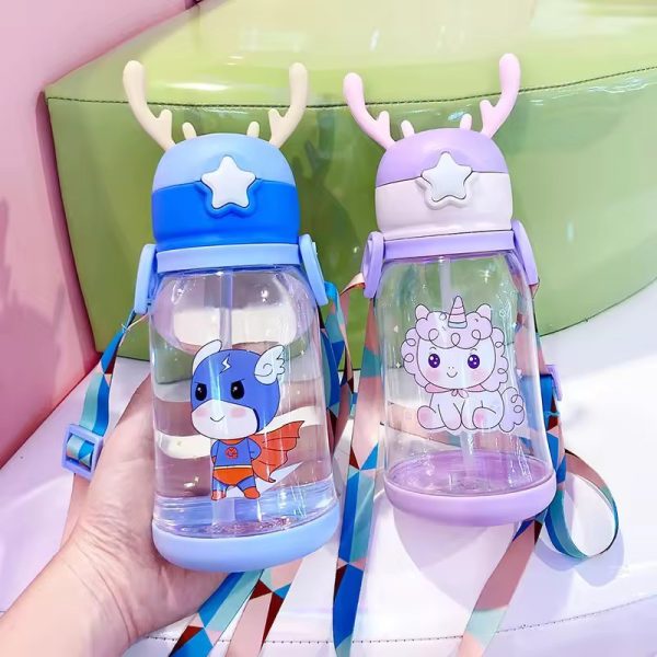Botella de Agua con Cuernos de Reno Transparente para niños de 600ml