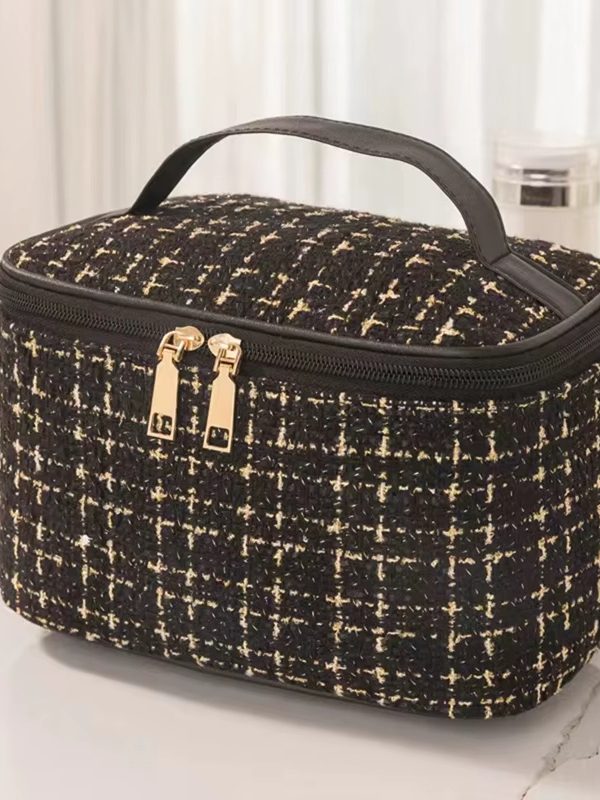 Neceser Elegante Organizador de Maquillaje de Hilos Dorado a Cuadros para Mujer