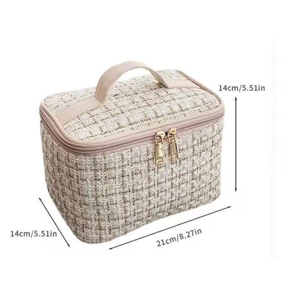 Neceser-de-hilos-dorados-2.jpeg Neceser Elegante Organizador de Maquillaje de Hilos Dorado a Cuadros para Mujer