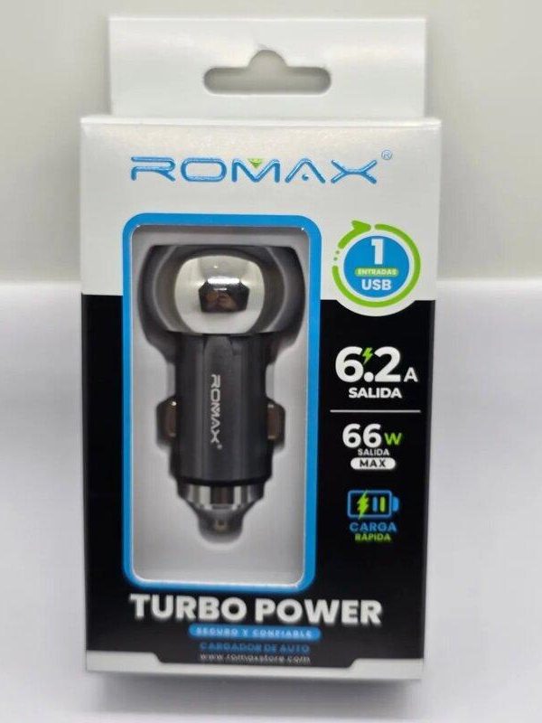 Cargador Auto Romax Turbo Power 66W 6.2A Carga Rápida