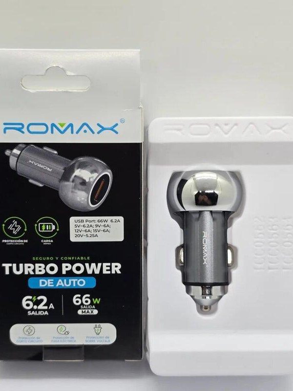 Cargador Auto Romax Turbo Power 66W USB Carga Rápida