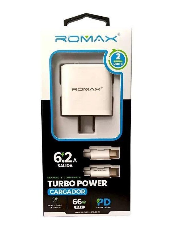 Cargador Romax Turbo Power 66W 6.2A + Cable Tipo C