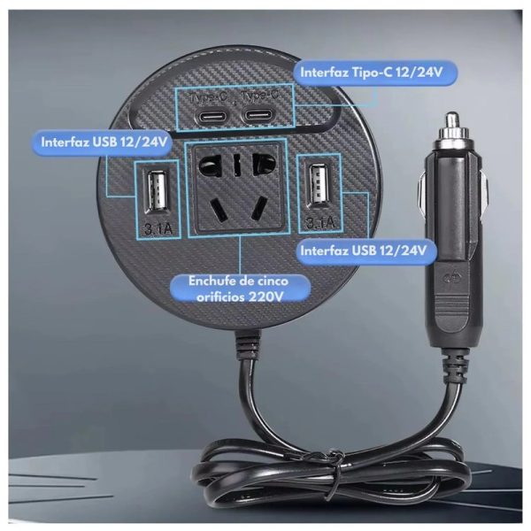 Cargador Inversor Auto 150W: USB-C, USB y AC
