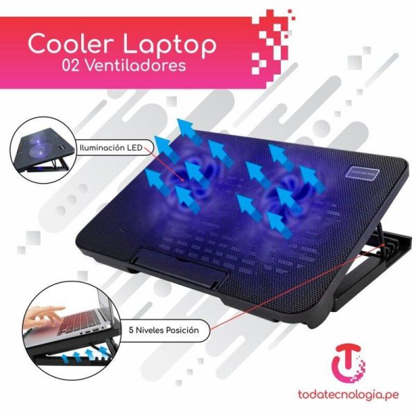Cooler Ventilador para Laptop 17" Dual de 5 Ángulos + 2 Puertos USB