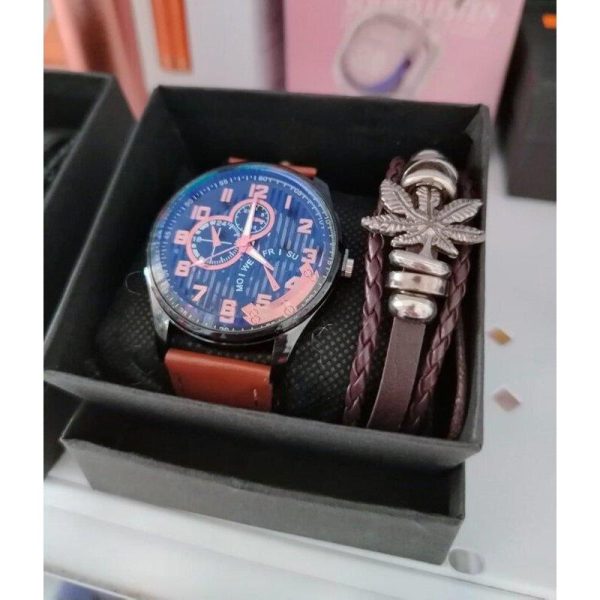 Set Reloj Hombre Cronógrafo + Pulsera Cuero: Estilo Moderno