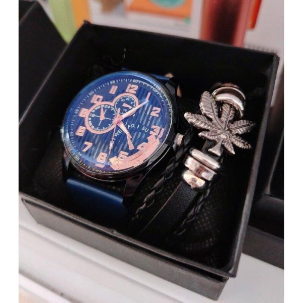 Set Reloj Hombre Cronógrafo + Pulsera Cuero: Estilo Moderno