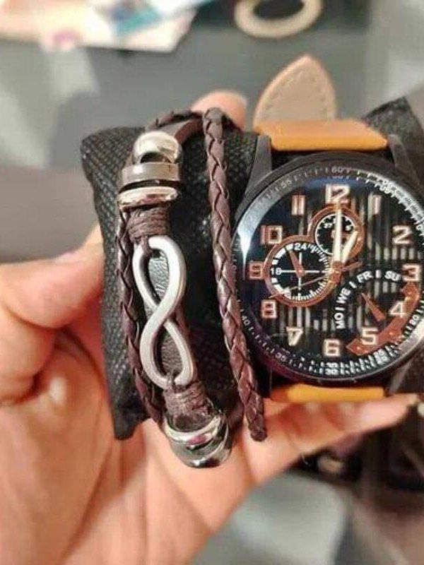 Set Reloj Hombre Cronógrafo + Pulsera Cuero: Estilo Moderno