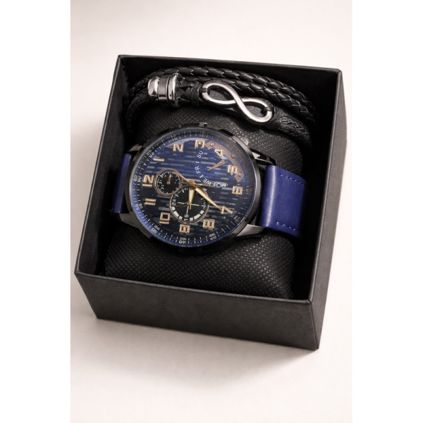 Set Reloj Hombre Cronógrafo + Pulsera Cuero: Estilo Moderno