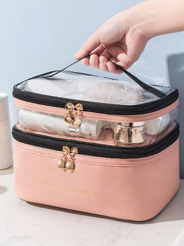 Bolsa de Neceser Organizador de Doble Capa para Cosméticos de Cuero