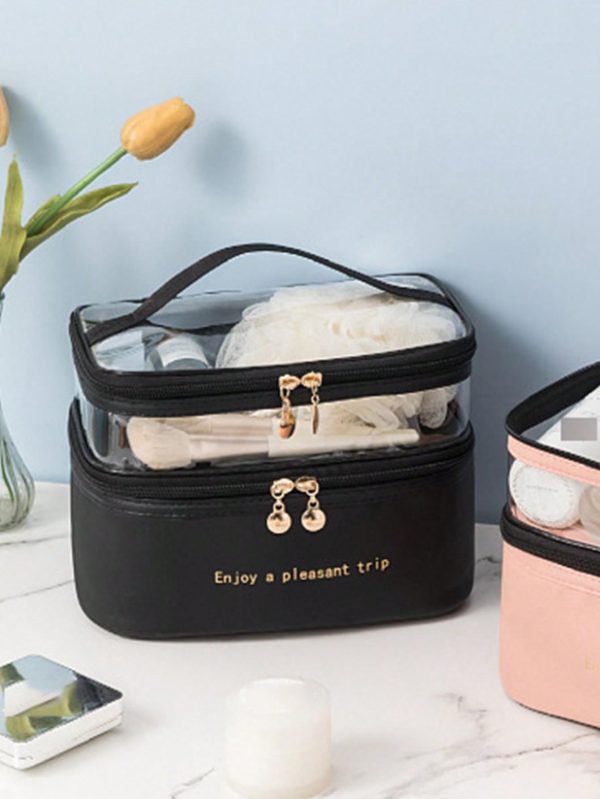 Bolsa de Neceser Organizador de Doble Capa para Cosméticos de Cuero