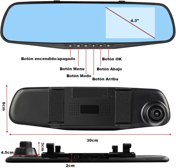 Camara Espejo Retrovisor con Doble Camara de Grabacion Frontal y Reversa para Carro
