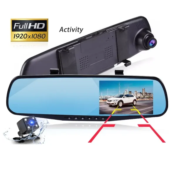 Camara Espejo Retrovisor con Doble Camara de Grabacion Frontal y Reversa para Carro