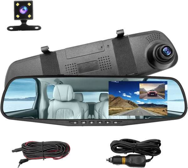 Camara Espejo Retrovisor con Doble Camara de Grabacion Frontal y Reversa para Carro