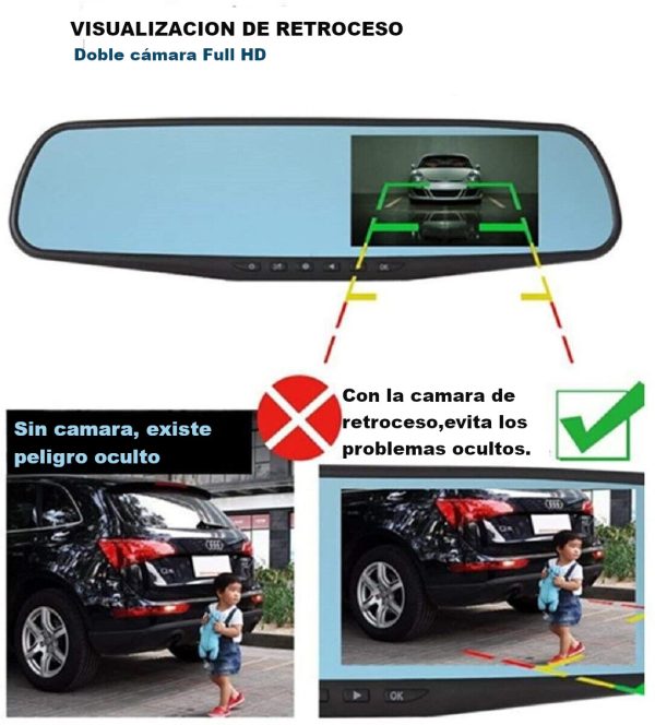 Camara Espejo Retrovisor con Doble Camara de Grabacion Frontal y Reversa para Carro
