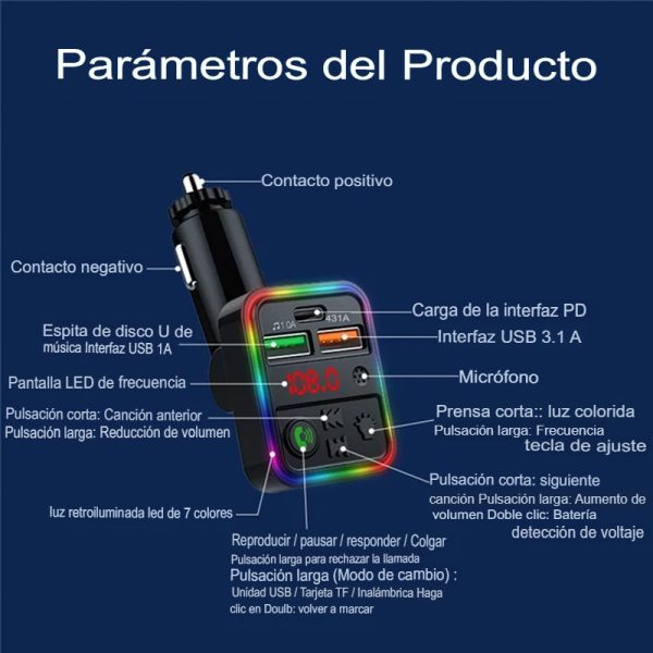 Cargador Carga Rapida Triple USB con Musica Bluetooth y Radio FM para Carro