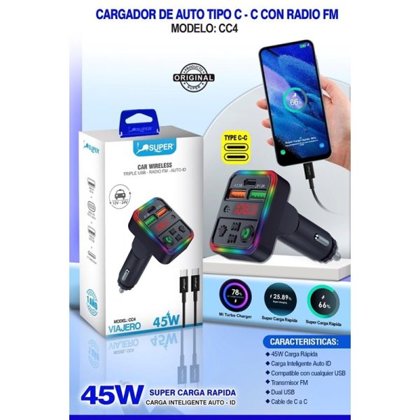 Cargador Carga Rapida Triple USB con Musica Bluetooth y Radio FM para Carro