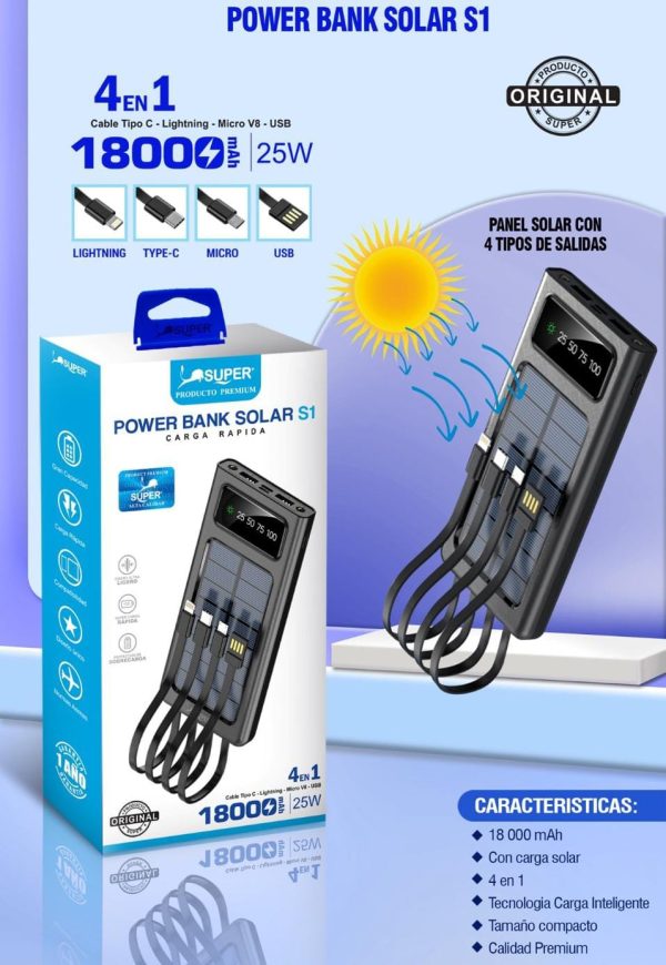 Banco de Energía Solar - POWER BANK con Linterna y 4 Conectores