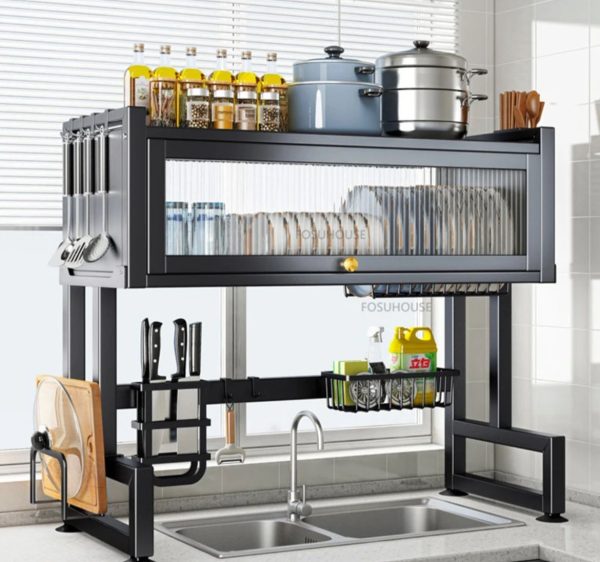 Escurridor Organizador de Platos de 2 Niveles con Tapa para Lavadero