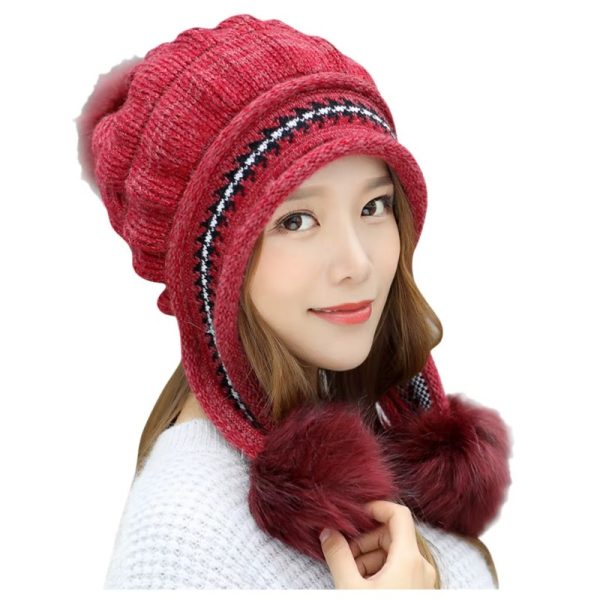 Gorro Tejido de Invierno con Pompón y Felpa Interior para Mujer
