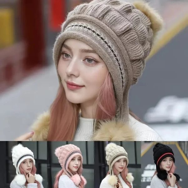 Gorro Tejido de Invierno con Pompón y Felpa Interior para Mujer