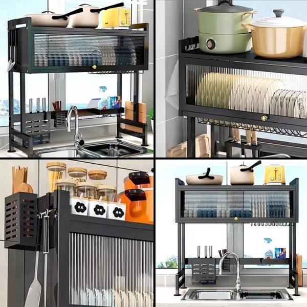 Escurridor Organizador de Platos de 2 Niveles con Tapa para Lavadero