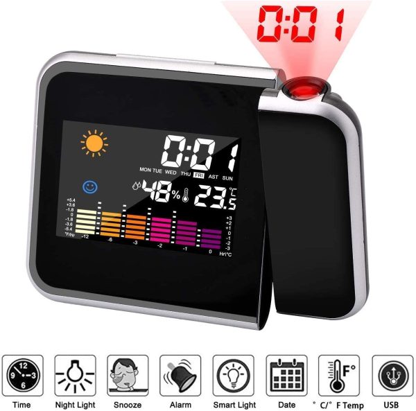 Reloj Despertador de proyección digital en la pared con estación meteorológica, repetición, temperatura, humedad
